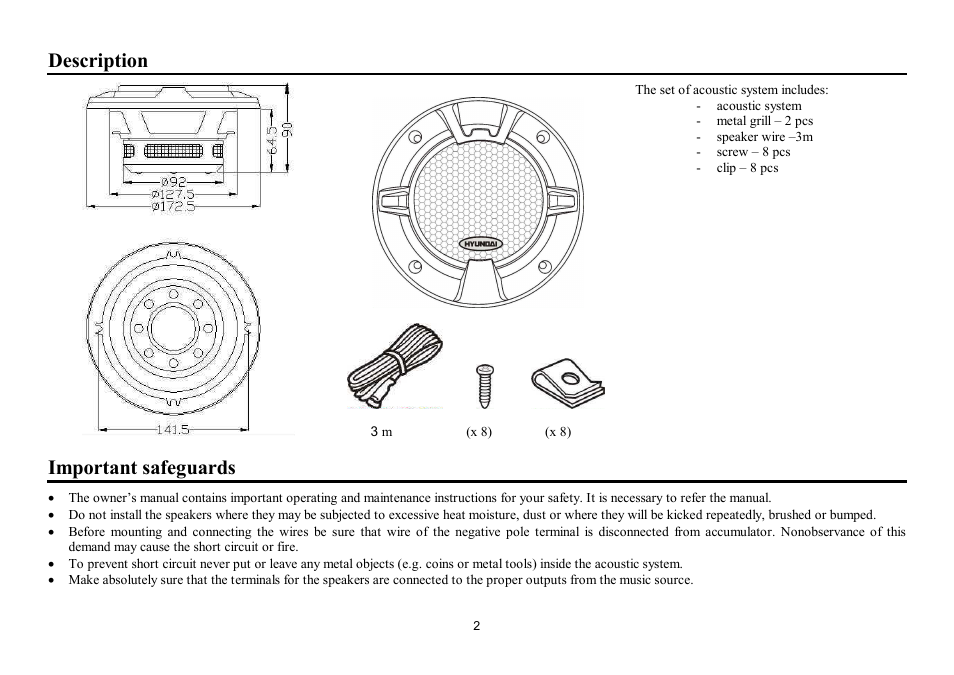 Description, Important safeguards | Hyundai H-CSK602 User Manual | Page 2 / 11