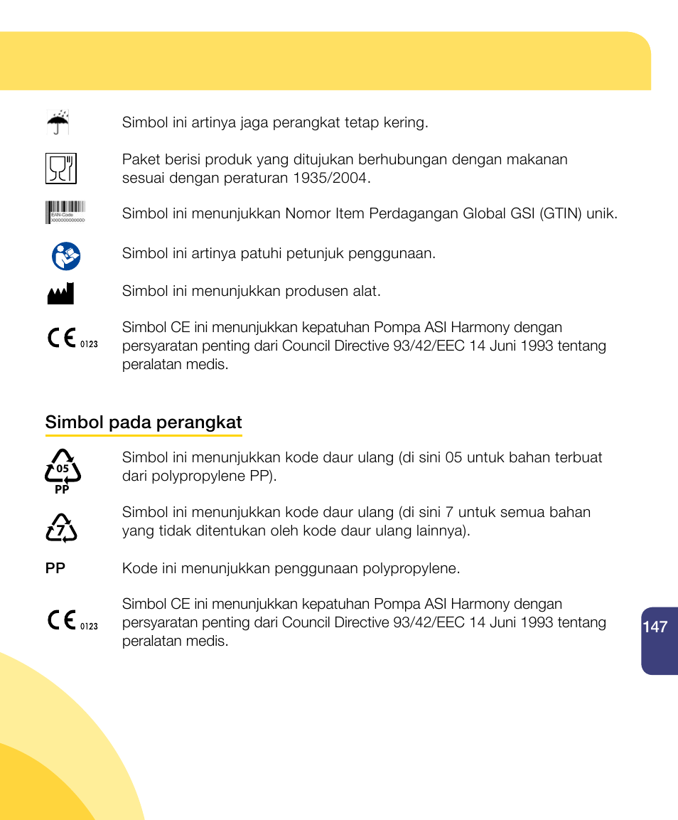 Simbol pada perangkat | Medela Harmony User Manual | Page 147 / 172