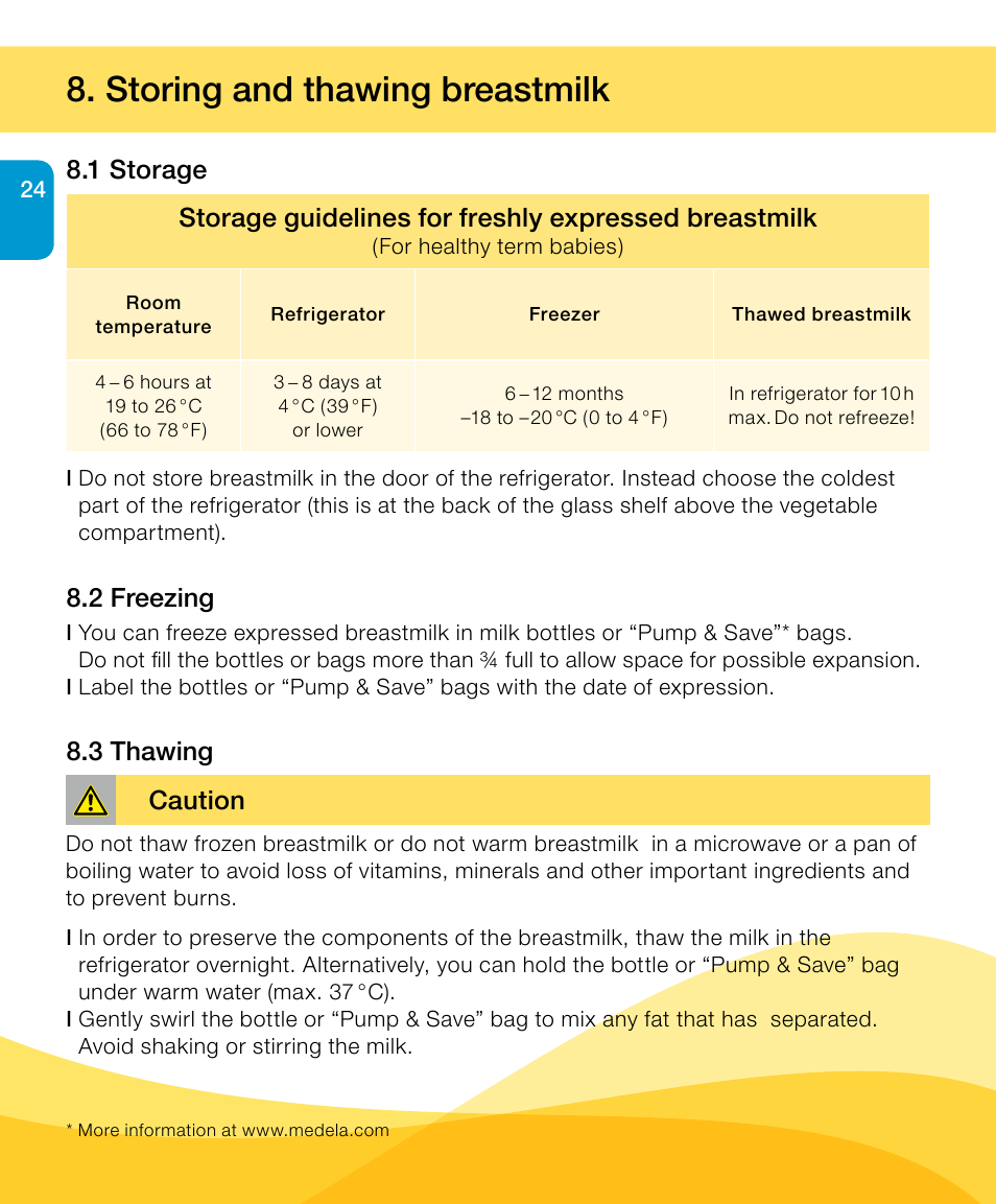 Storing and thawing breastmilk, 2 freezing 8.3 thawing, Caution | Medela Harmony User Manual | Page 24 / 172