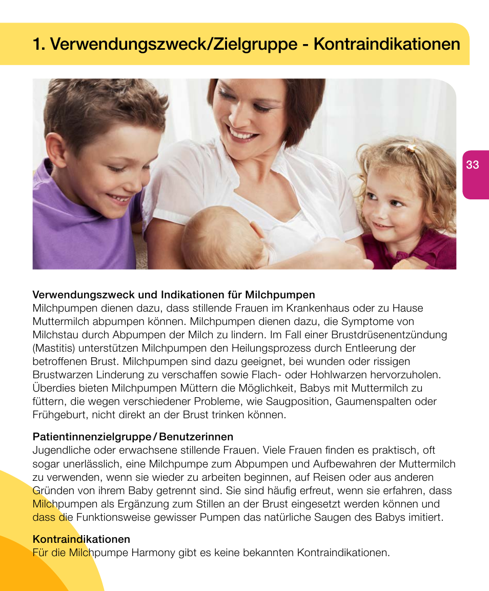 Verwendungszweck/zielgruppe - kontraindikationen | Medela Harmony User Manual | Page 33 / 172
