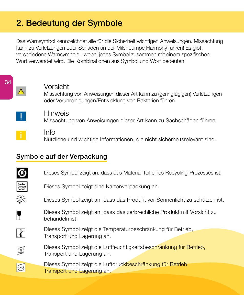 Bedeutung der symbole, Vorsicht, Hinweis | Info | Medela Harmony User Manual | Page 34 / 172