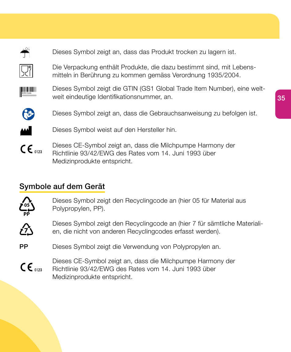 Symbole auf dem gerät | Medela Harmony User Manual | Page 35 / 172