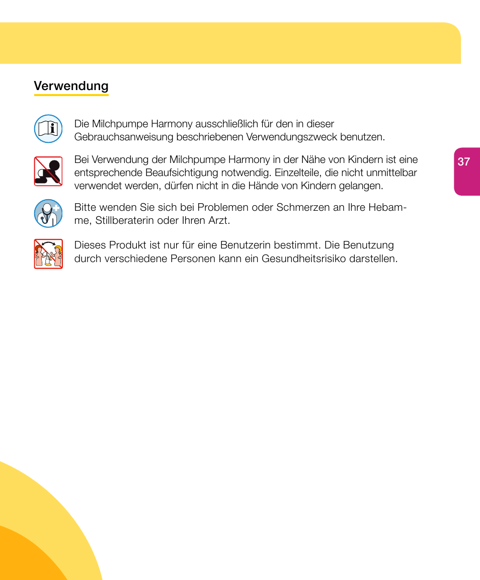 Wichtige sicherheitshinweise | Medela Harmony User Manual | Page 37 / 172