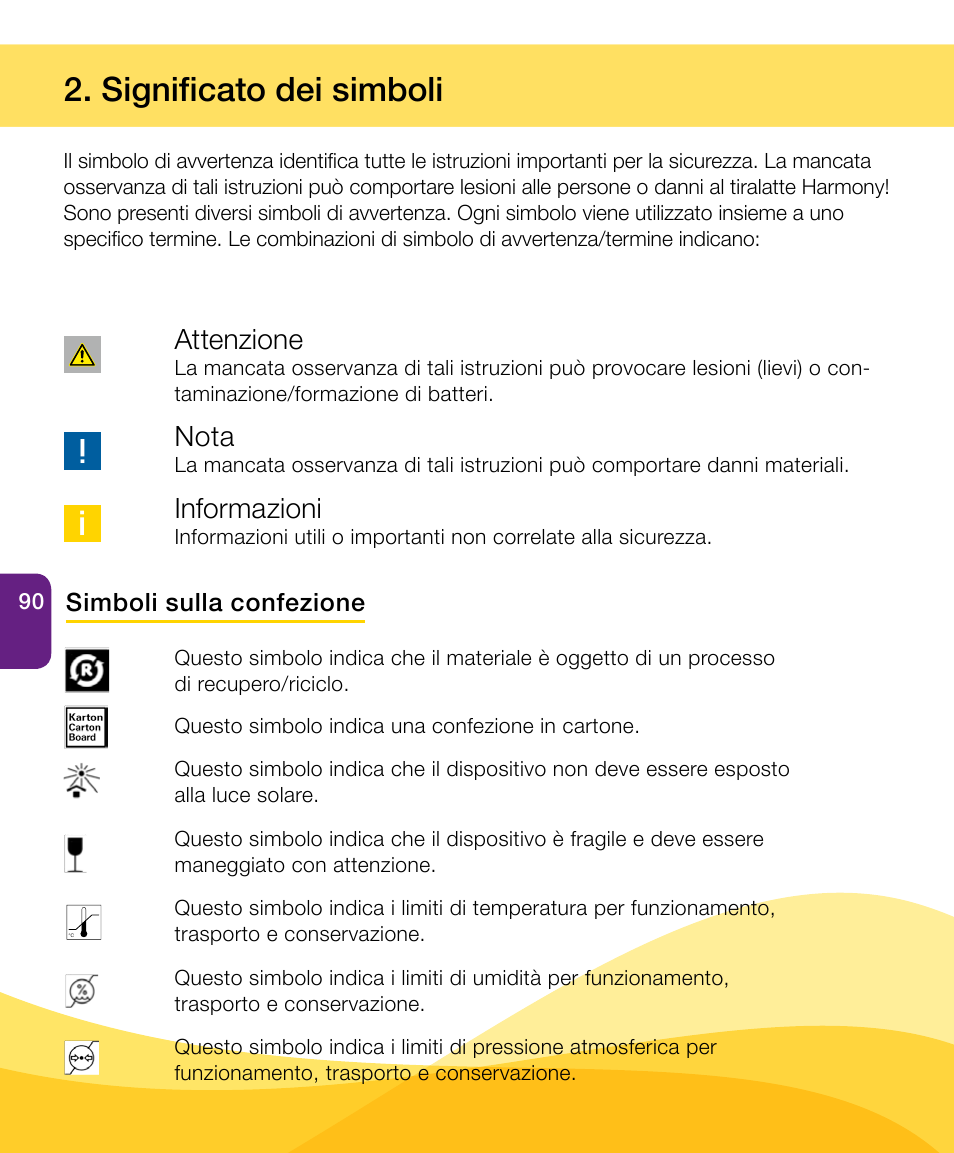 Significato dei simboli, Attenzione, Nota | Informazioni | Medela Harmony User Manual | Page 90 / 172