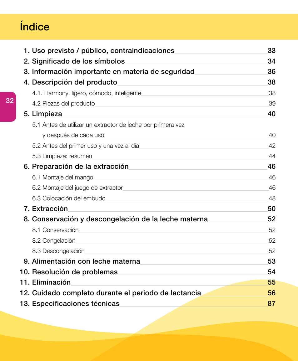 Índice | Medela Harmony User Manual | Page 32 / 88