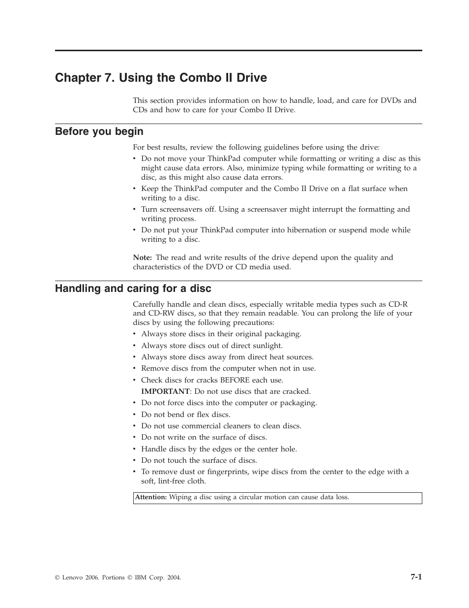 Chapter 7. using the combo ii drive, Before you begin, Handling and caring for a disc | Chapter, Using, Combo, Drive, Before, Begin, Handling | Lenovo USB 2.0 CD-RW/DVD-ROM Combo II Drive User Manual | Page 35 / 74