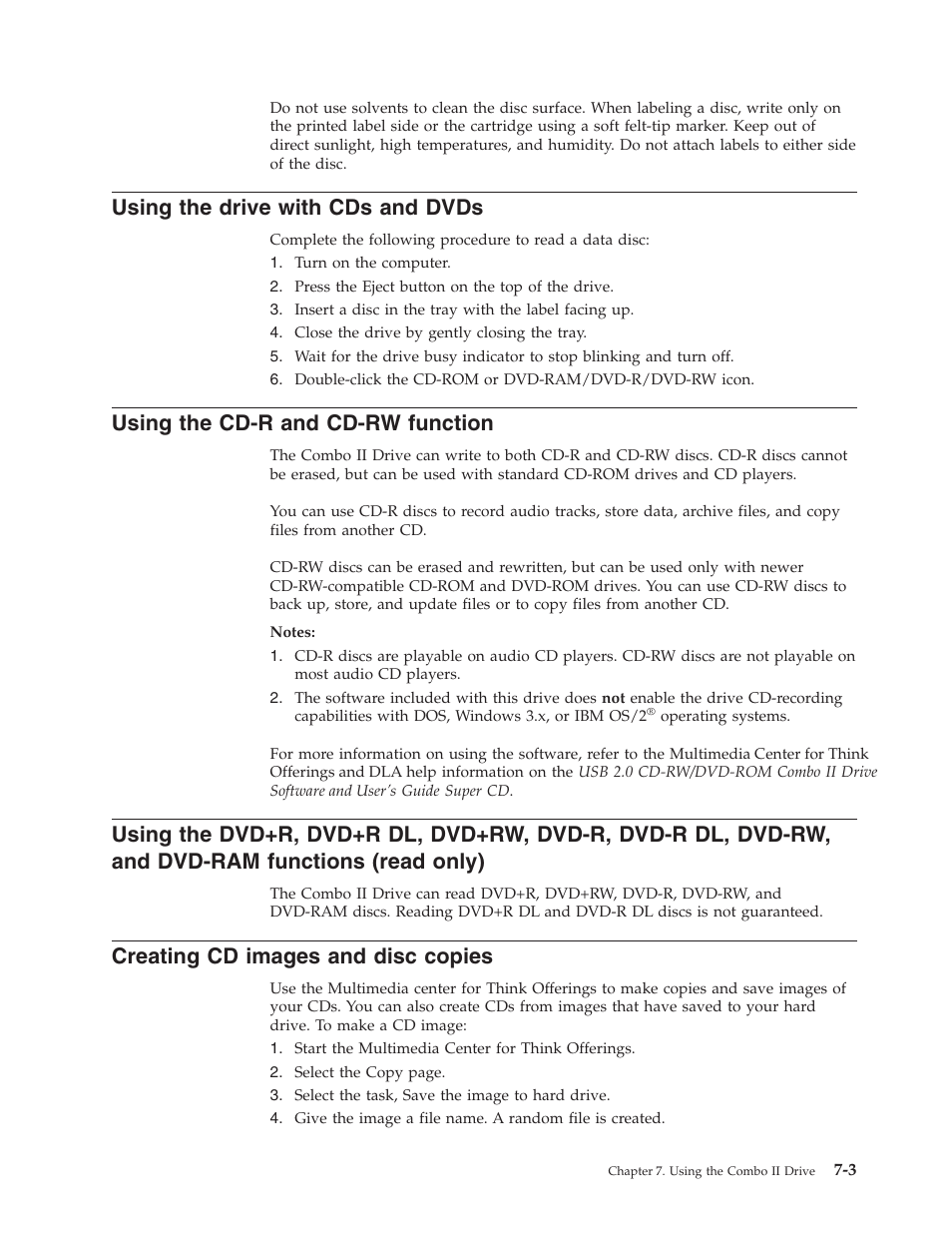 Using the drive with cds and dvds, Using the cd-r and cd-rw function, Creating cd images and disc copies | Using, Drive, With, Dvds, Cd-r, Cd-rw, Function | Lenovo USB 2.0 CD-RW/DVD-ROM Combo II Drive User Manual | Page 37 / 74