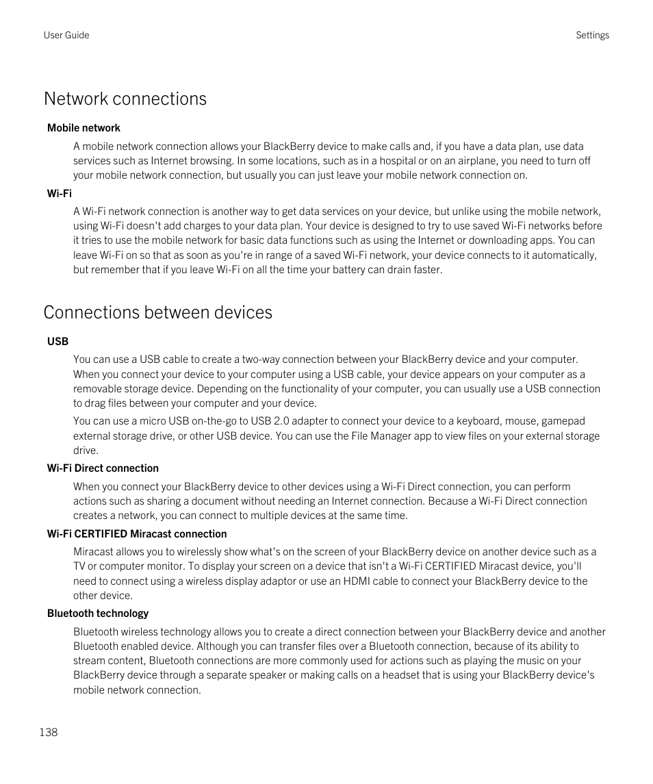 Network connections, Connections between devices | Blackberry Passport User Manual | Page 138 / 278