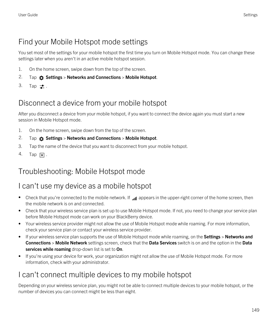 Find your mobile hotspot mode settings, Disconnect a device from your mobile hotspot, Troubleshooting: mobile hotspot mode | Blackberry Passport User Manual | Page 149 / 278