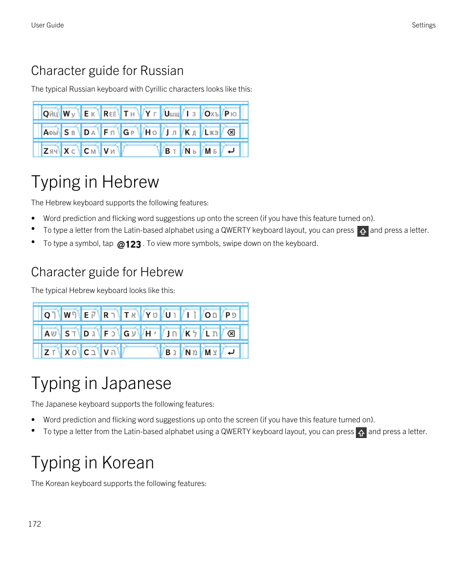 Character guide for russian, Typing in hebrew, Character guide for hebrew | Typing in japanese, Typing in korean | Blackberry Passport User Manual | Page 172 / 278