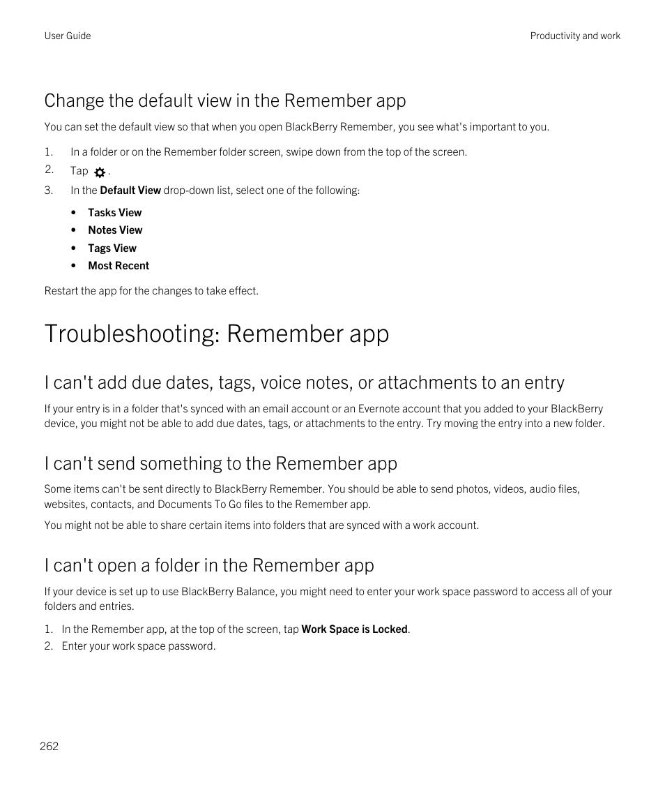 Change the default view in the remember app, Troubleshooting: remember app, I can't send something to the remember app | I can't open a folder in the remember app | Blackberry Passport User Manual | Page 262 / 278