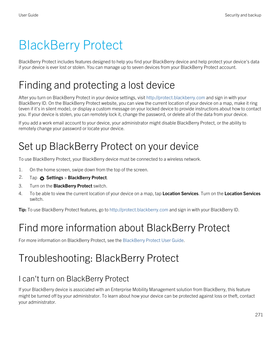 Blackberry protect, Finding and protecting a lost device, Set up blackberry protect on your device | Find more information about blackberry protect, Troubleshooting: blackberry protect, I can't turn on blackberry protect | Blackberry Passport User Manual | Page 271 / 278