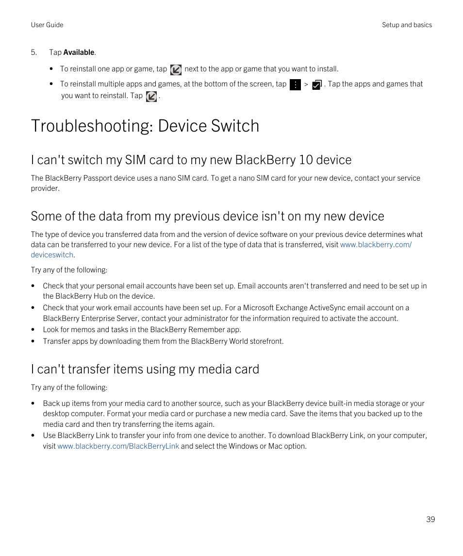 Troubleshooting: device switch, I can't transfer items using my media card | Blackberry Passport User Manual | Page 39 / 278