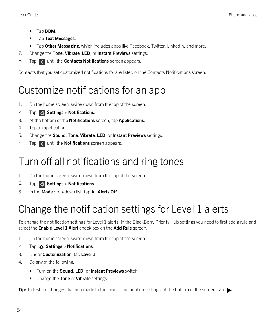 Customize notifications for an app, Turn off all notifications and ring tones | Blackberry Passport User Manual | Page 54 / 278