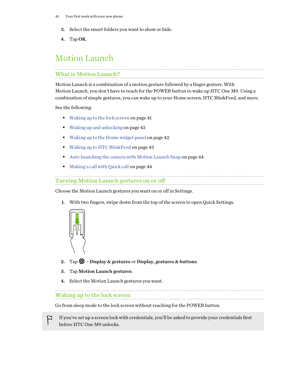 Motion launch, What is motion launch, Turning motion launch gestures on or off | Waking up to the lock screen | HTC One M9 User Manual | Page 41 / 197