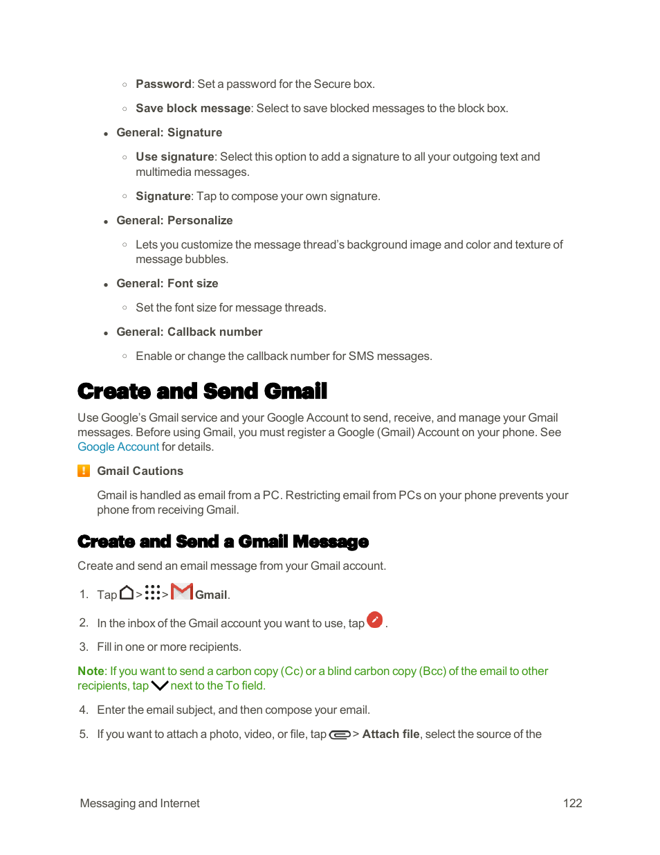 Create and send gmail, Create and send a gmail message | HTC One M9 User Manual | Page 135 / 304