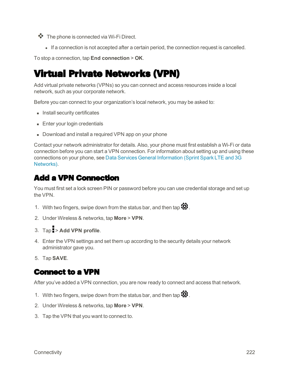 Virtual private networks (vpn), Add a vpn connection, Connect to a vpn | HTC One M9 User Manual | Page 235 / 304