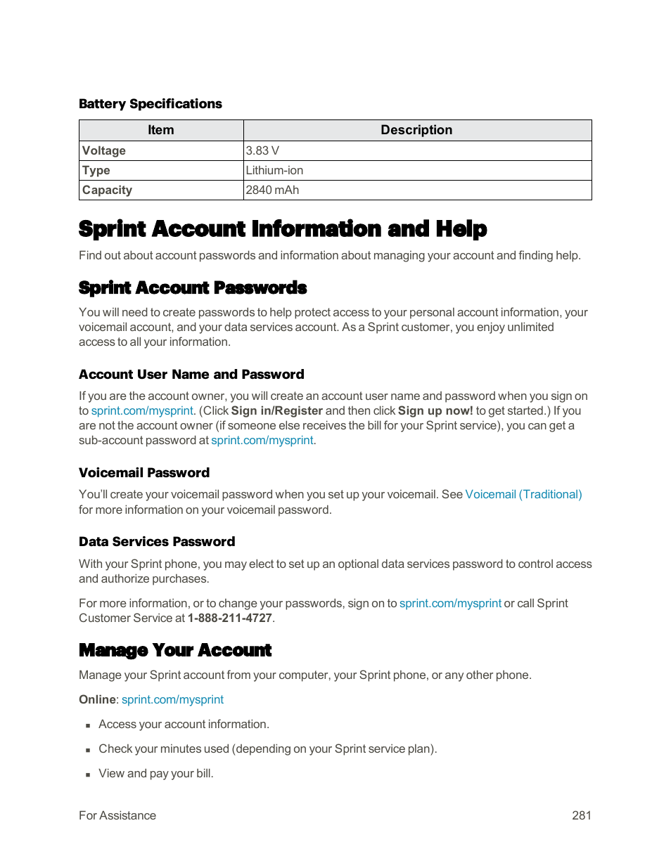Sprint account information and help, Sprint account passwords, Manage your account | HTC One M9 User Manual | Page 294 / 304