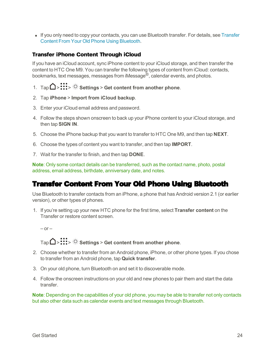 Back up and restore iphone content through icloud, For details, see, Transfer iphone content | Through icloud | HTC One M9 User Manual | Page 37 / 304