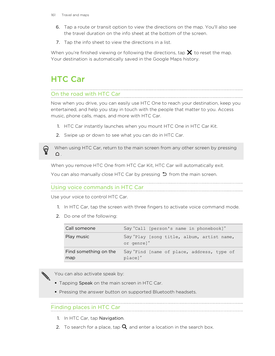 Htc car, On the road with htc car, Using voice commands in htc car | Finding places in htc car | HTC One M8 User Manual | Page 161 / 201