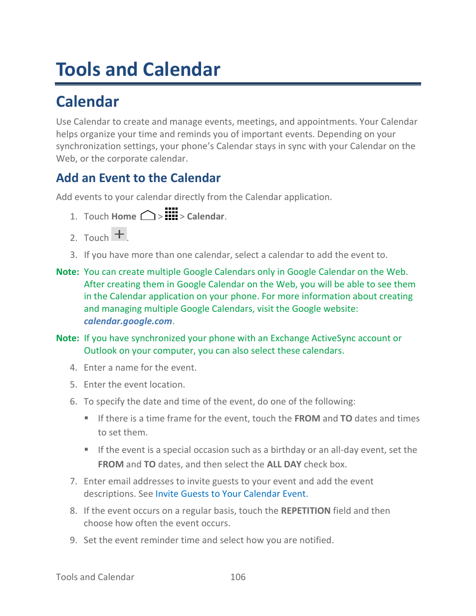Tools and calendar, Calendar, Add an event to the calendar | Kyocera Hydro LIFE User Manual | Page 115 / 181