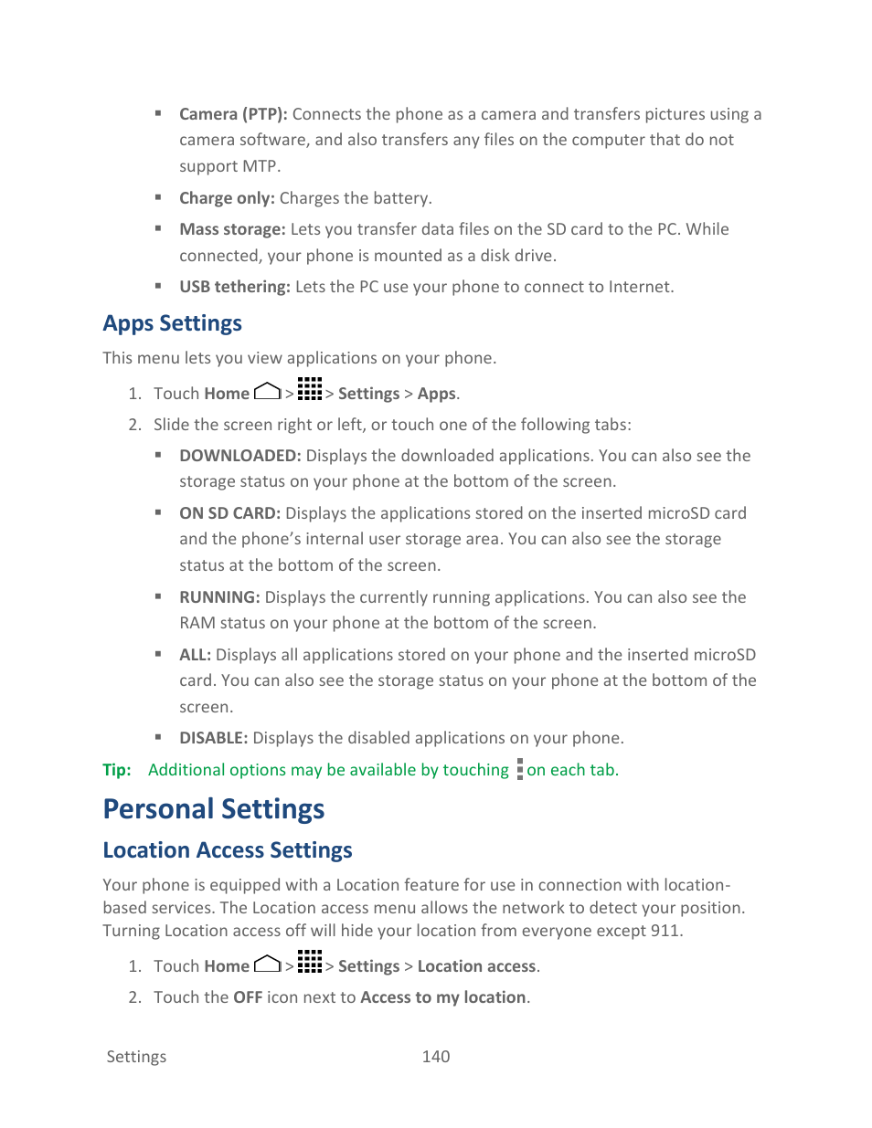 Apps settings, Personal settings, Location access settings | Kyocera Hydro LIFE User Manual | Page 149 / 181