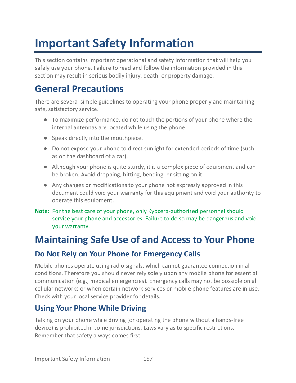 Important safety information, General precautions, Maintaining safe use of and access to your phone | Do not rely on your phone for emergency calls, Using your phone while driving | Kyocera Hydro LIFE User Manual | Page 166 / 181