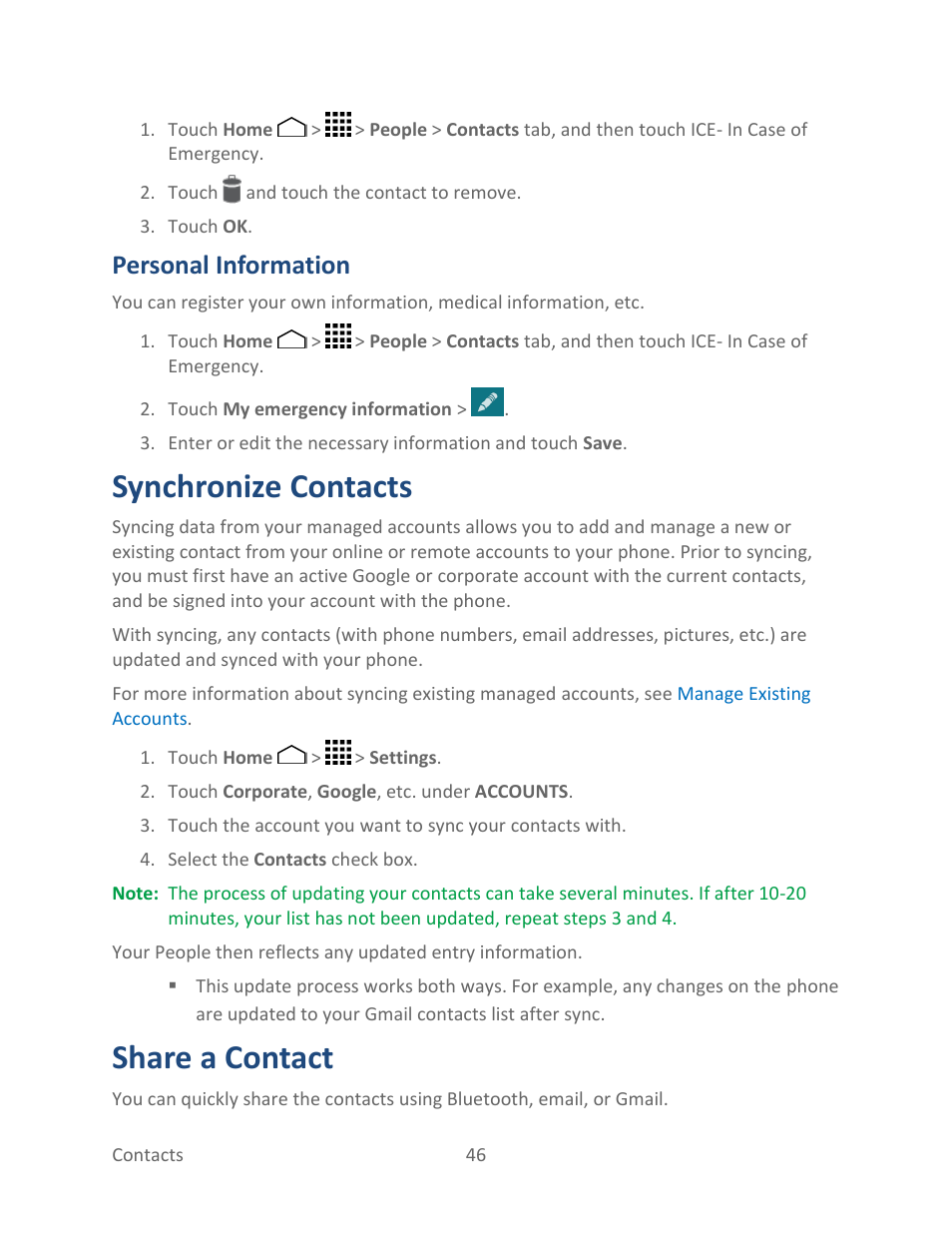Personal information, Synchronize contacts, Share a contact | Kyocera Hydro LIFE User Manual | Page 55 / 181