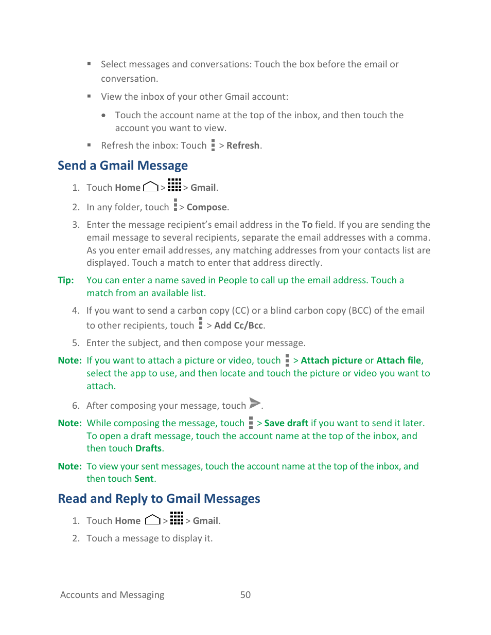 Send a gmail message, Read and reply to gmail messages | Kyocera Hydro LIFE User Manual | Page 59 / 181