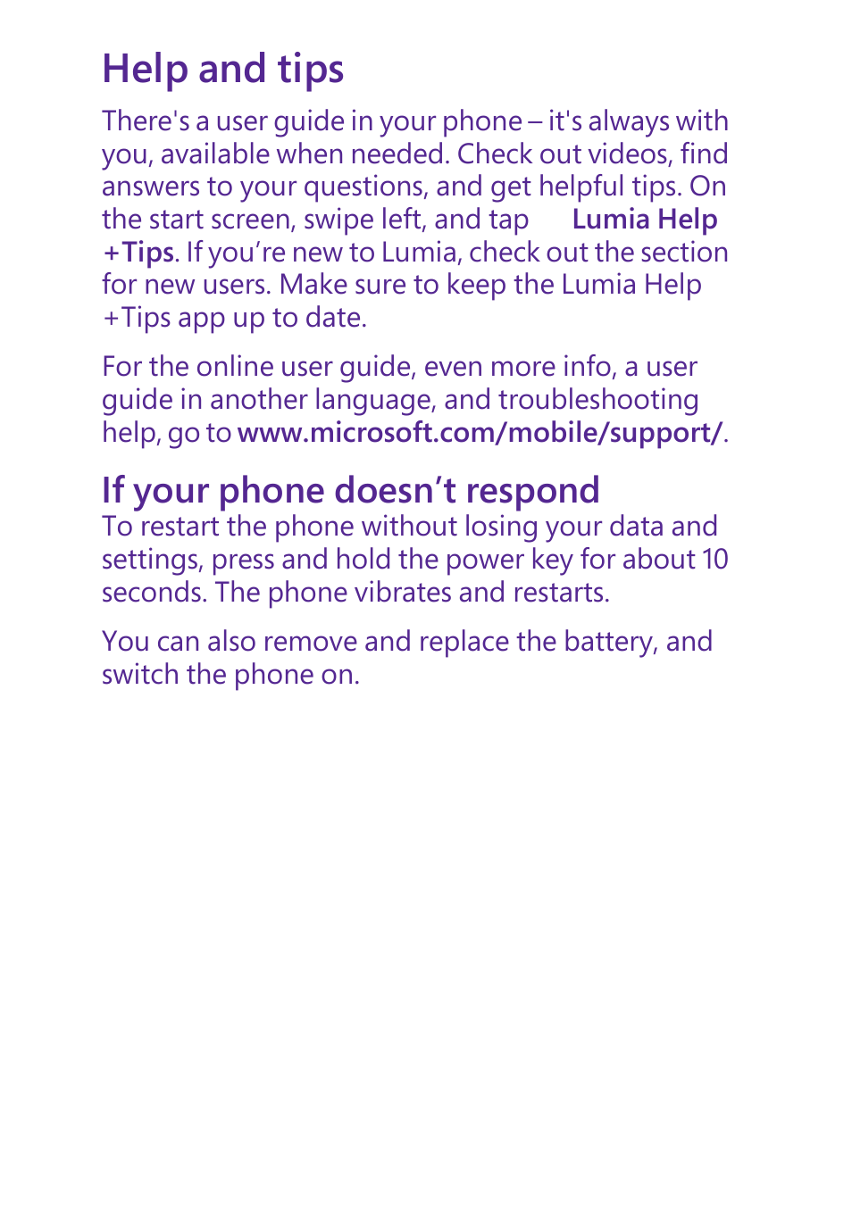 Help and tips, If your phone doesn’t respond | Microsoft Lumia 640 LTE Single Sim User Manual | Page 11 / 23