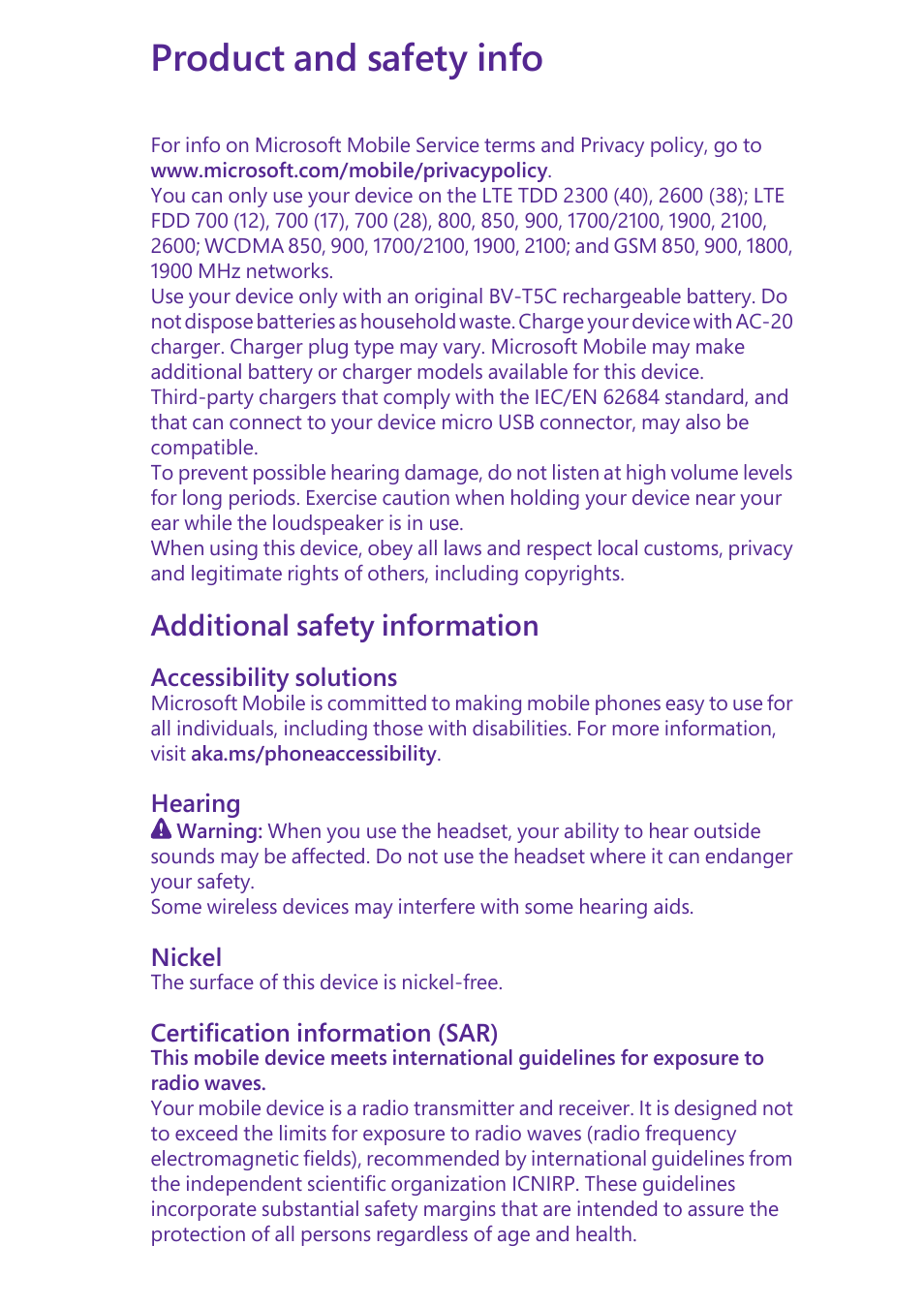 Product and safety info, Additional safety information, Accessibility solutions | Hearing, Nickel, Certification information (sar) | Microsoft Lumia 640 LTE Single Sim User Manual | Page 12 / 23