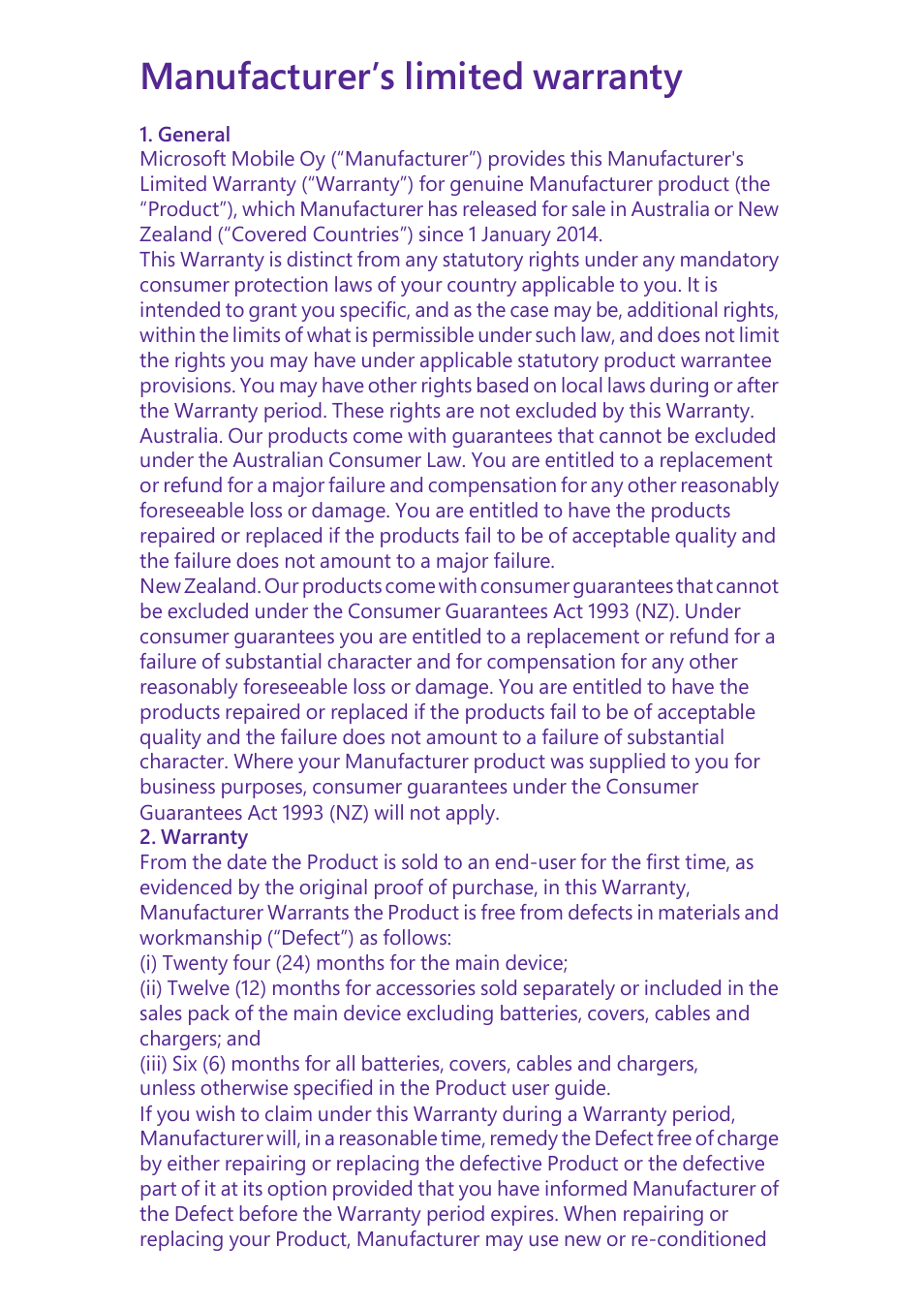 Manufacturer’s limited warranty | Microsoft Lumia 640 LTE Single Sim User Manual | Page 19 / 23