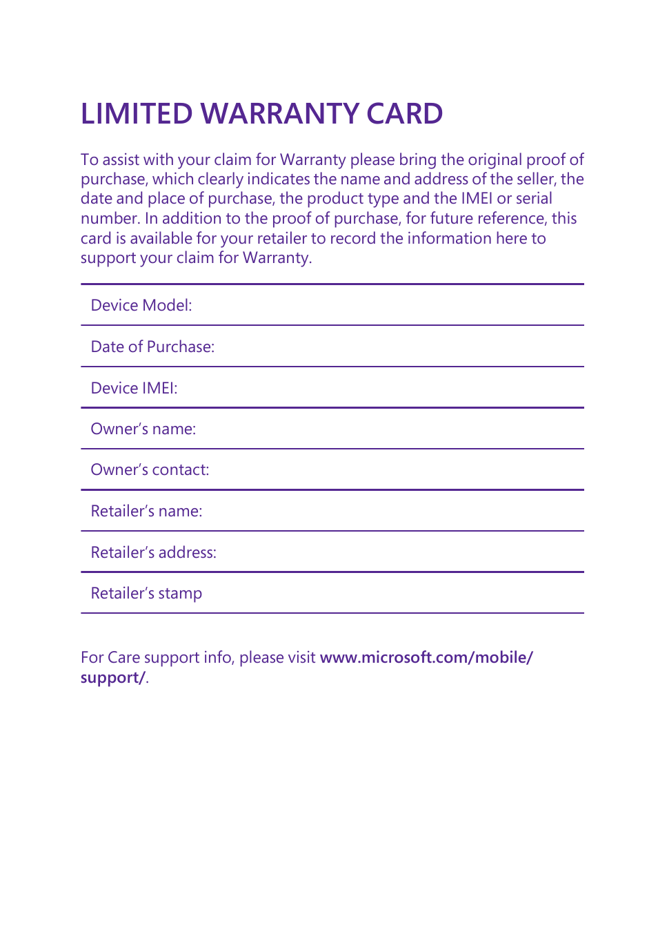 Limited warranty card | Microsoft Lumia 640 LTE Single Sim User Manual | Page 23 / 23