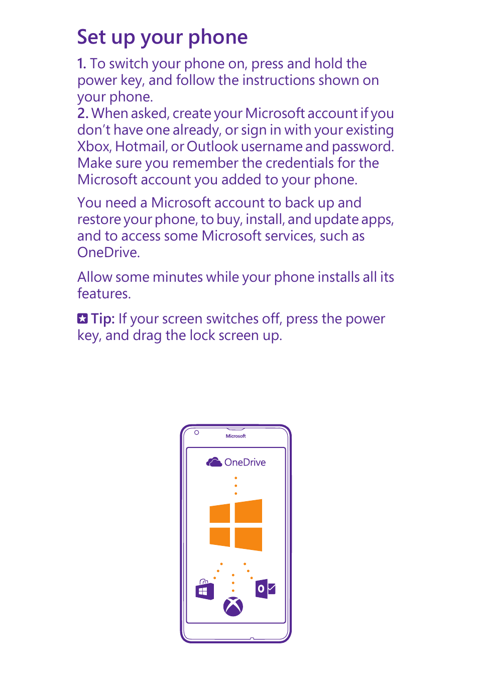 Set up your phone | Microsoft Lumia 640 LTE Single Sim User Manual | Page 7 / 23