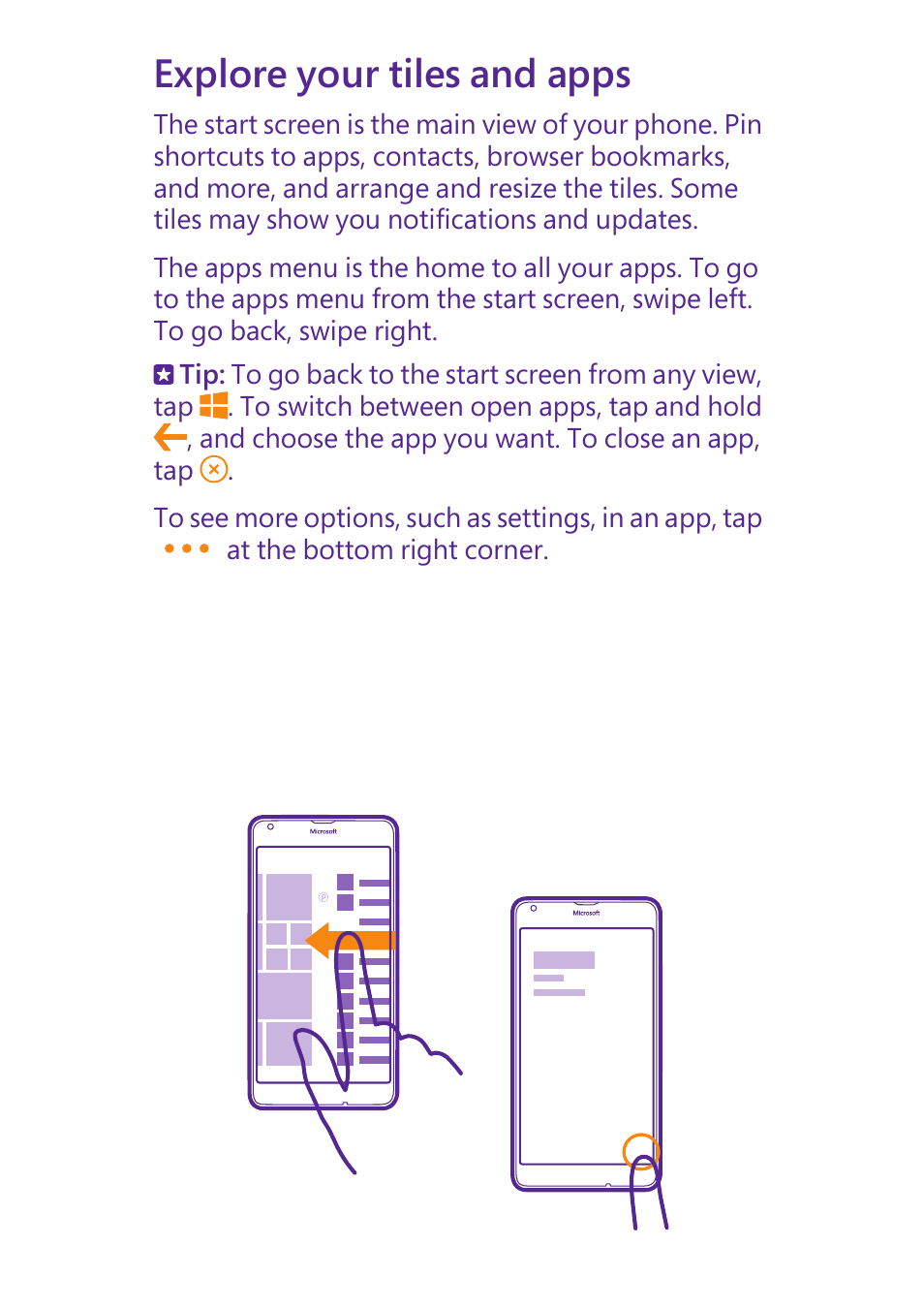 Explore your tiles and apps | Microsoft Lumia 640 LTE Single Sim User Manual | Page 8 / 23