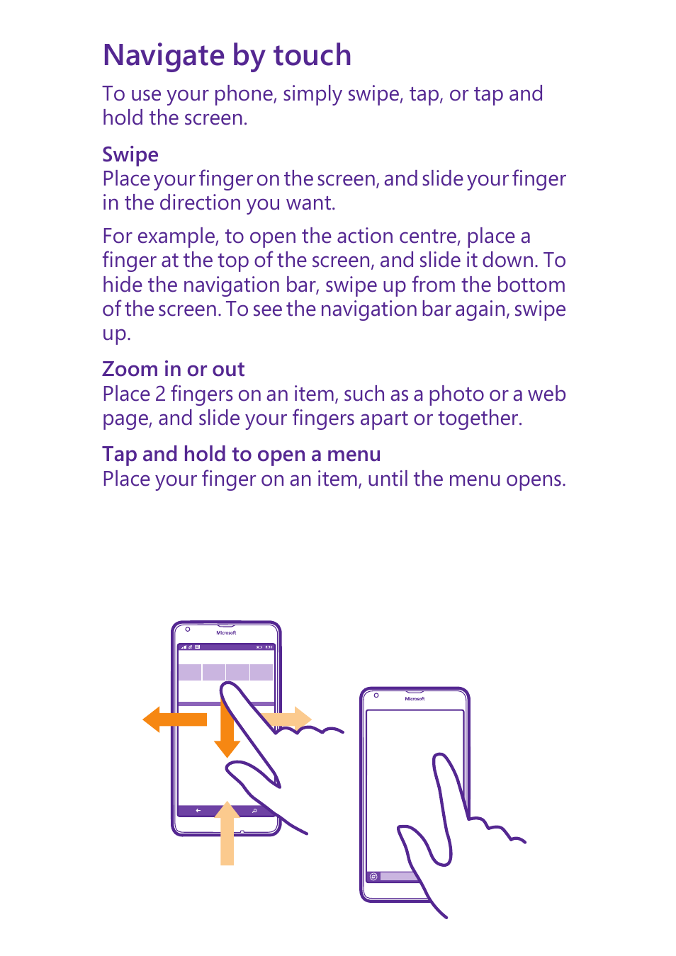 Navigate by touch | Microsoft Lumia 640 LTE Single Sim User Manual | Page 9 / 23