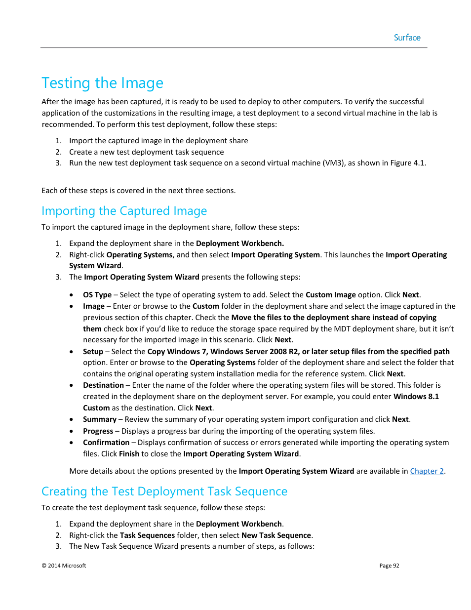 Testing the image, Importing the captured image, Creating the test deployment task sequence | Testing, The image section | Microsoft Surface 3 User Manual | Page 92 / 166