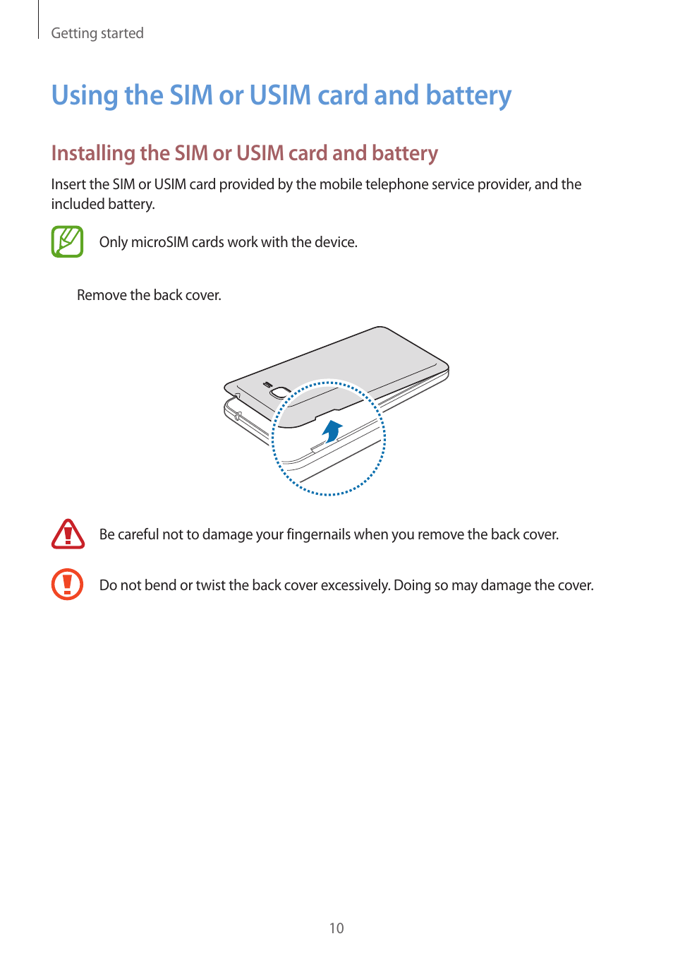 Using the sim or usim card and battery, 10 using the sim or usim card and, Battery | Installing the sim or usim card and battery | Samsung Galaxy Grand Prime User Manual | Page 10 / 133