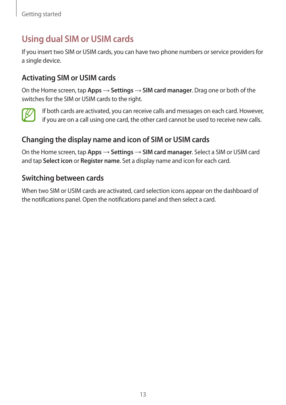 Using dual sim or usim cards | Samsung Galaxy Grand Prime User Manual | Page 13 / 133