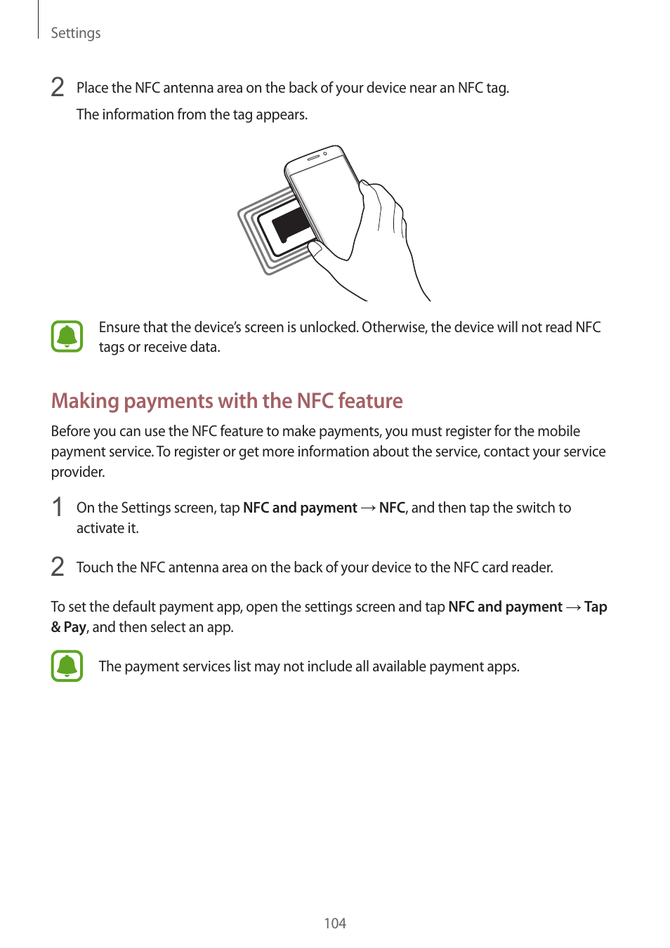 Making payments with the nfc feature | Samsung Galaxy S6 Edge User Manual | Page 104 / 145