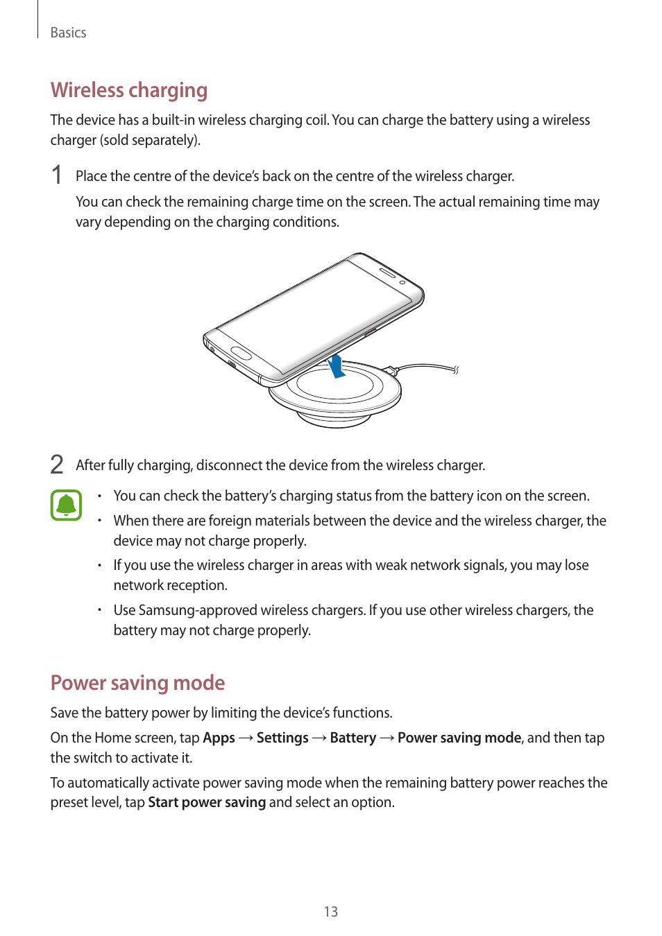 Wireless charging, Power saving mode | Samsung Galaxy S6 Edge User Manual | Page 13 / 145