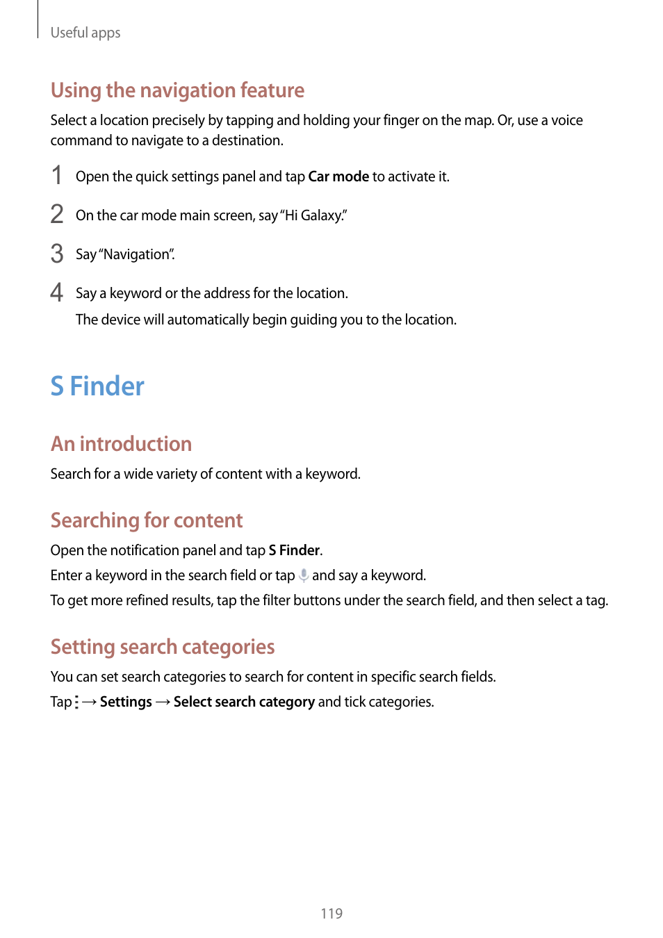 S finder, 119 s finder, Using the navigation feature | An introduction, Searching for content, Setting search categories | Samsung Galaxy Note Edge User Manual | Page 119 / 208