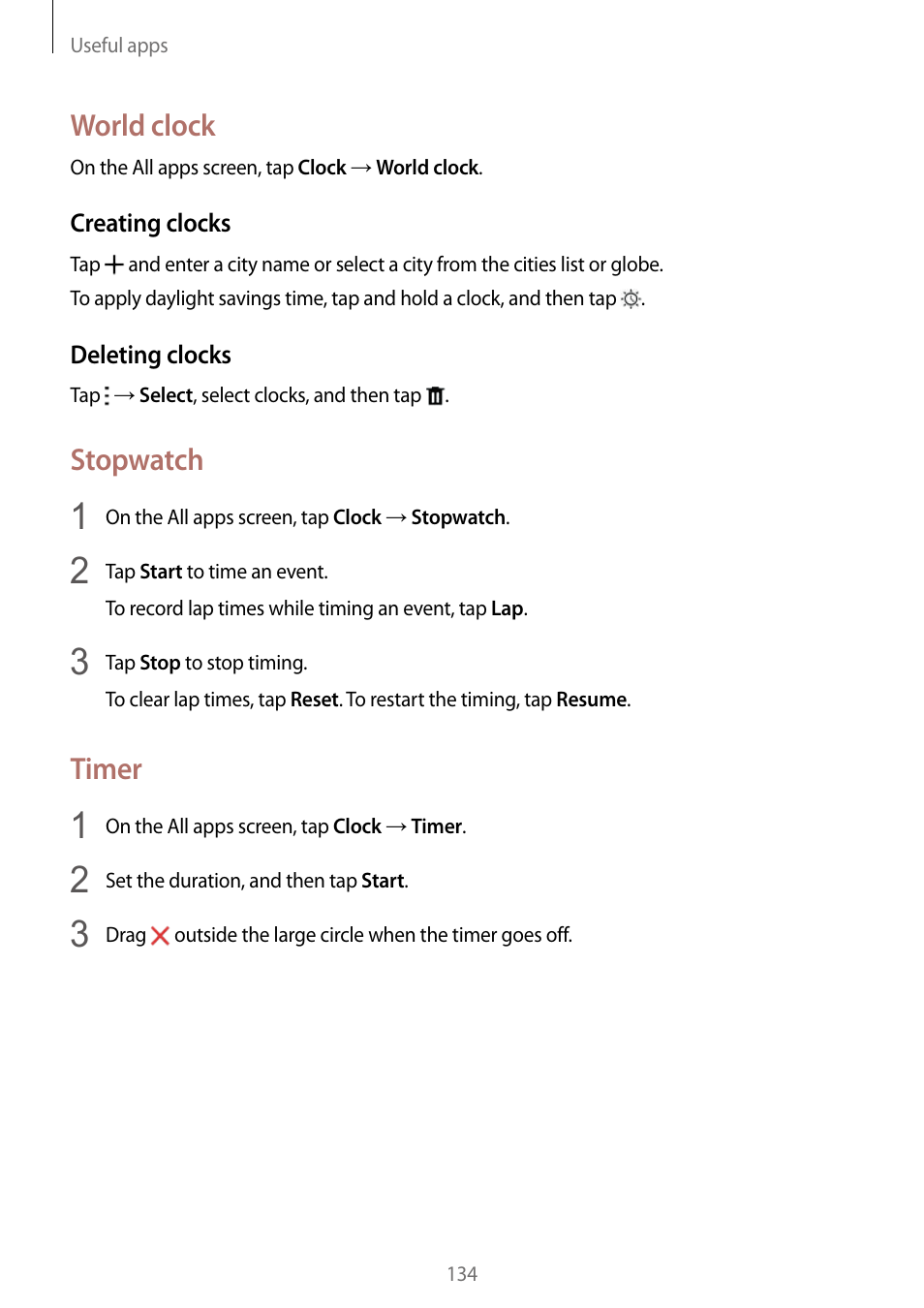 World clock, Stopwatch, Timer | Samsung Galaxy Note Edge User Manual | Page 134 / 208