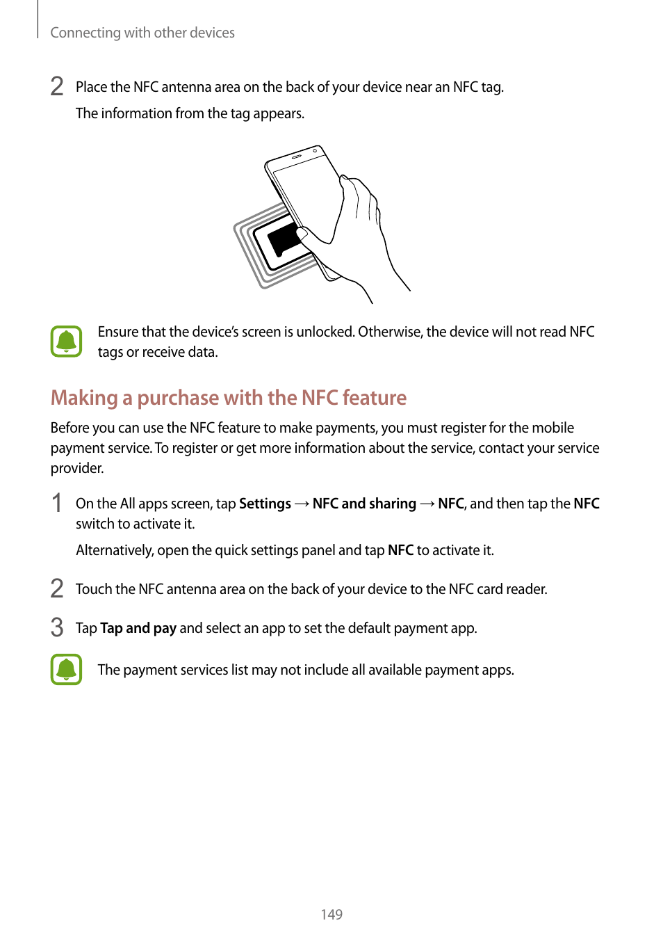 Making a purchase with the nfc feature | Samsung Galaxy Note Edge User Manual | Page 149 / 208