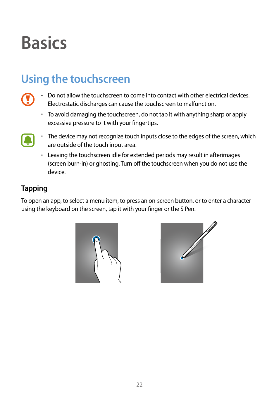 Basics, Using the touchscreen, 22 using the touchscreen | Samsung Galaxy Note Edge User Manual | Page 22 / 208