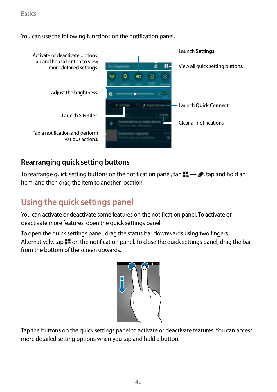 Using the quick settings panel, Rearranging quick setting buttons | Samsung Galaxy Note Edge User Manual | Page 42 / 208