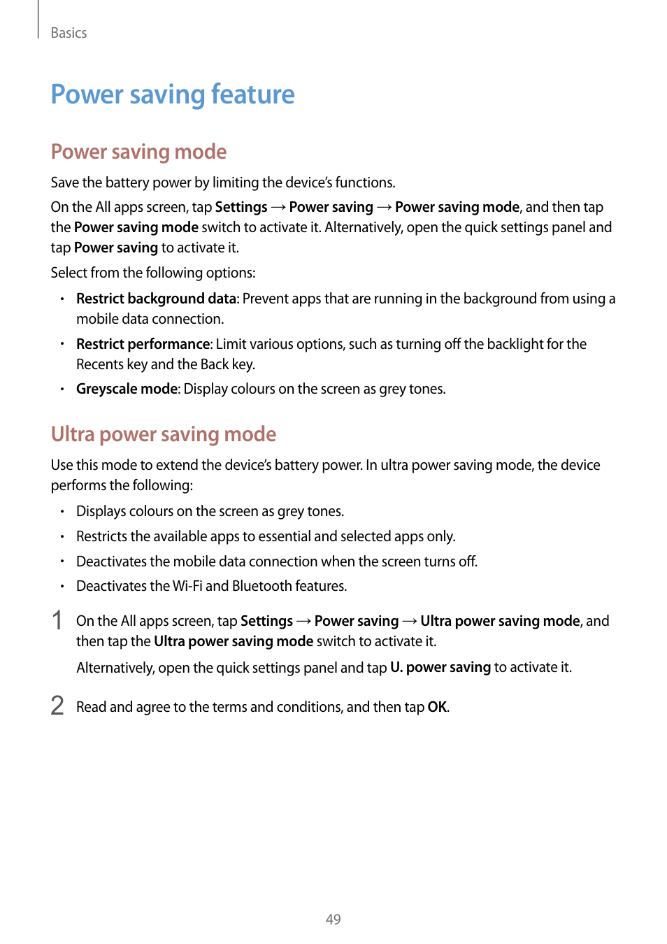 Power saving feature, 49 power saving feature, Power saving mode | Ultra power saving mode | Samsung Galaxy Note Edge User Manual | Page 49 / 208
