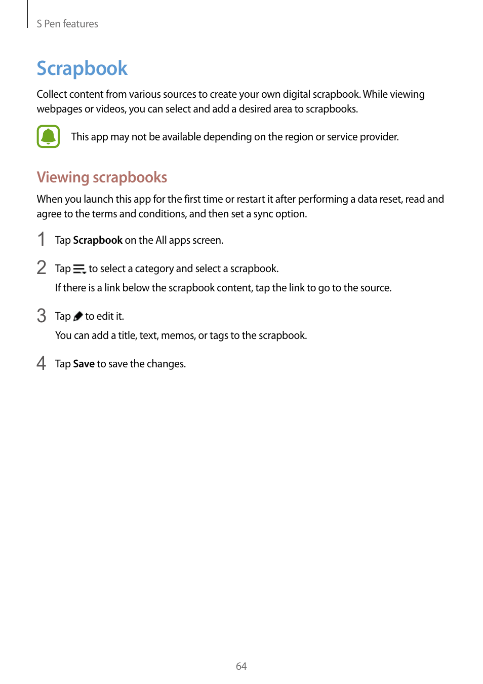 Scrapbook, 64 scrapbook, Viewing scrapbooks | Samsung Galaxy Note Edge User Manual | Page 64 / 208