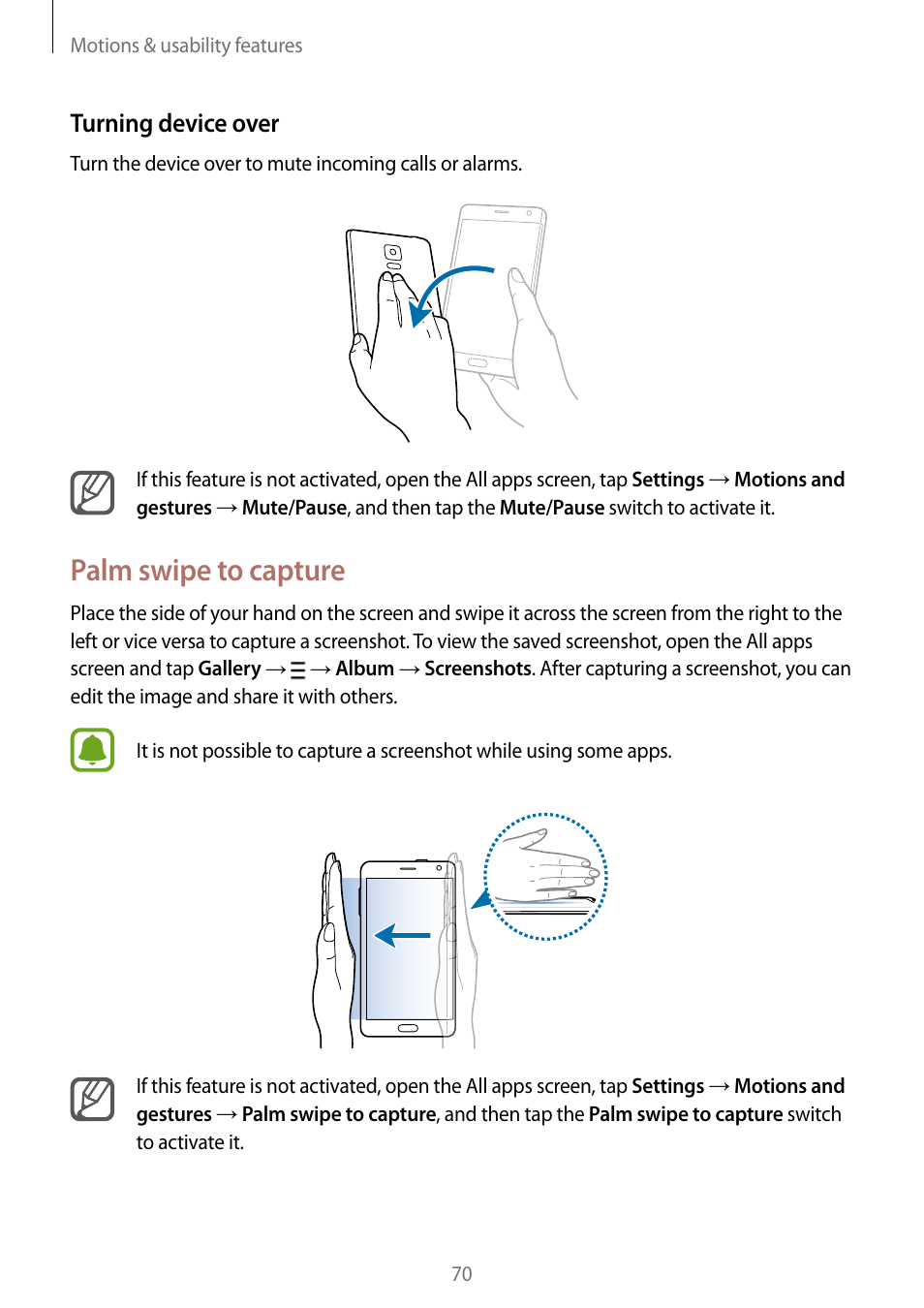 Palm swipe to capture, Turning device over | Samsung Galaxy Note Edge User Manual | Page 70 / 208