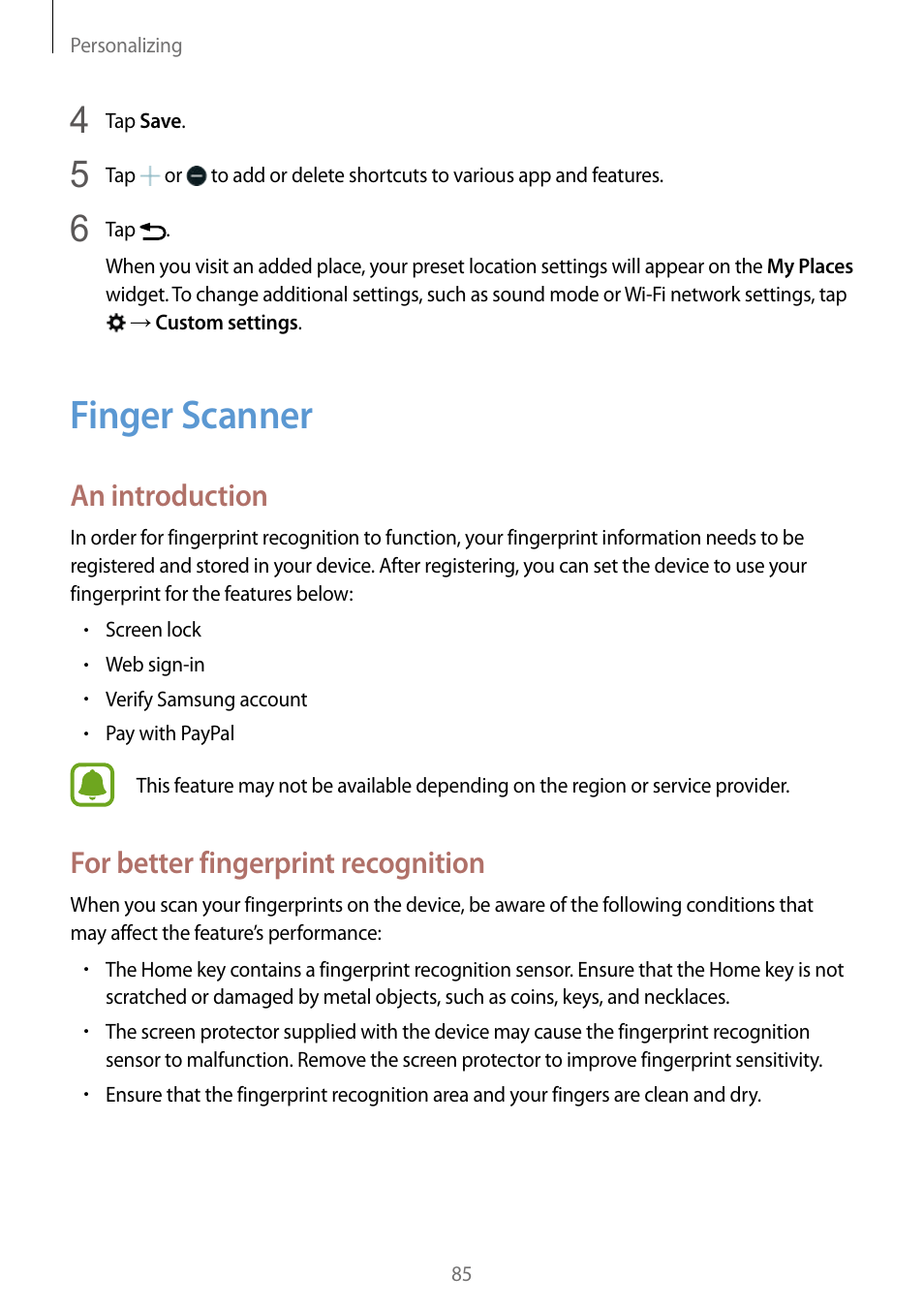 Finger scanner, 85 finger scanner, An introduction | For better fingerprint recognition | Samsung Galaxy Note Edge User Manual | Page 85 / 208